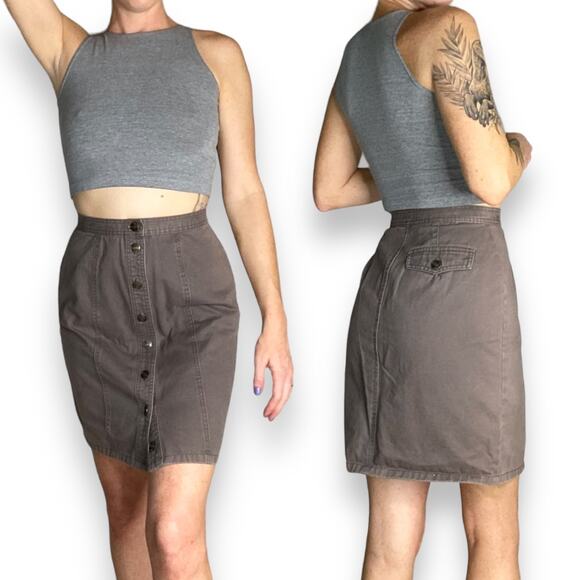 Vintage Light Brown Grey Button Down High Waist Pencil Denim Mini Skirt Size 4 - Picture 1 of 4